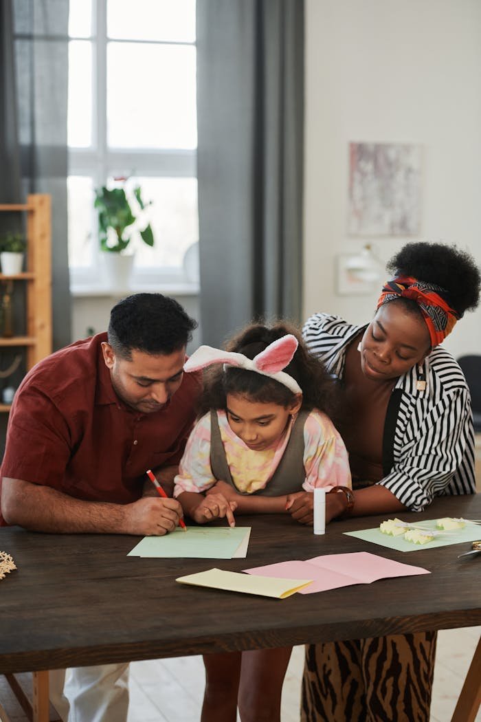 A diverse family enjoys a creative moment together, focusing on arts and crafts.